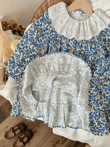 Blossori Young Girls Elegant French Style Blue Floral Print Loose Fit Frill Collar Chiffon Dress, Autumn/Winter