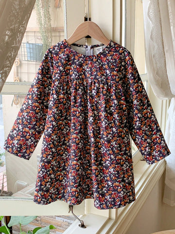 Blossori Young Girls' Elegant French Style Brown Ditsy Floral Loose Fit Round Neck Dress, Autumn/Winter