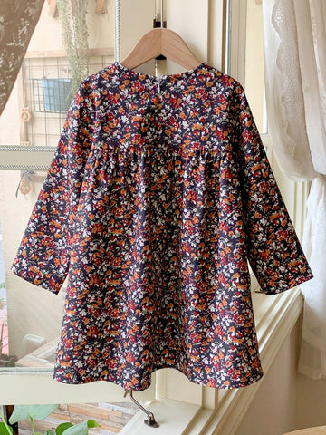 Blossori Young Girls' Elegant French Style Brown Ditsy Floral Loose Fit Round Neck Dress, Autumn/Winter