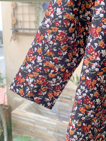 Blossori Young Girls' Elegant French Style Brown Ditsy Floral Loose Fit Round Neck Dress, Autumn/Winter