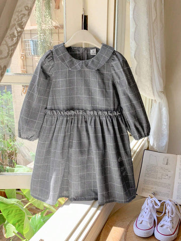 Blossori Young Girls Elegant French Style Gray Plaid Floral Lace Loose Long Sleeve Dress, Autumn Winter