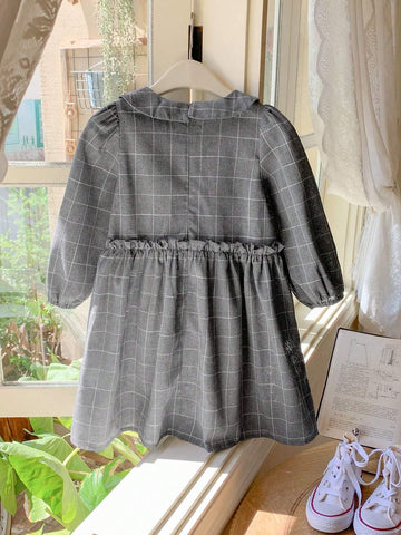 Blossori Young Girls Elegant French Style Gray Plaid Floral Lace Loose Long Sleeve Dress, Autumn Winter