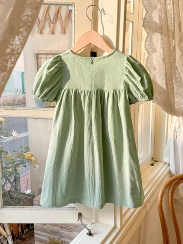Blossori Young Girls Elegant French Style Green Embroidered Woven Dress With Puff Sleeves, Spring/Summer