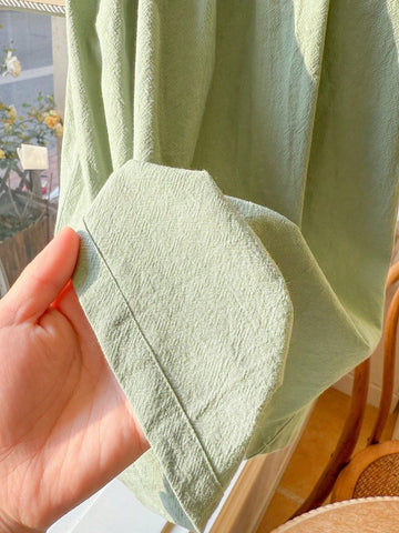 Blossori Young Girls Elegant French Style Green Embroidered Woven Dress With Puff Sleeves, Spring/Summer