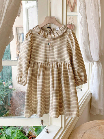 Blossori Young Girls Elegant French Style Khaki Brown Plaid Deer Embroidered Ruffle Collar Dress, Christmas