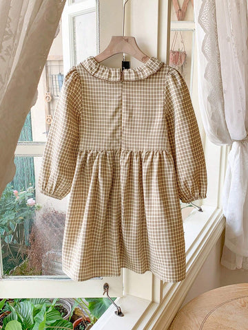 Blossori Young Girls Elegant French Style Khaki Brown Plaid Deer Embroidered Ruffle Collar Dress, Christmas