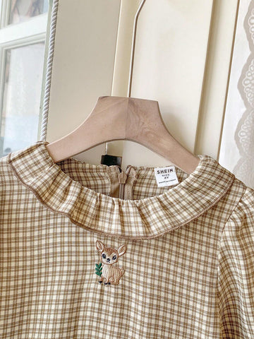 Blossori Young Girls Elegant French Style Khaki Brown Plaid Deer Embroidered Ruffle Collar Dress, Christmas