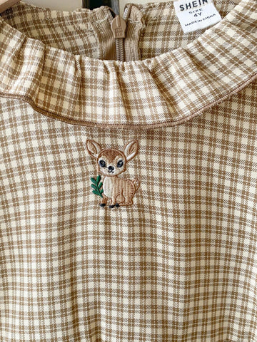Blossori Young Girls Elegant French Style Khaki Brown Plaid Deer Embroidered Ruffle Collar Dress, Christmas