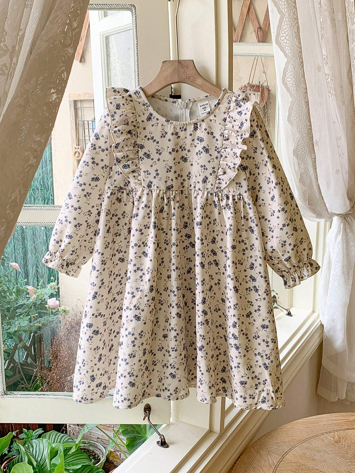 Blossori Young Girls' Elegant French Style Khaki Ditsy Floral Loose Ruffle Hem Dress, Autumn/Winter