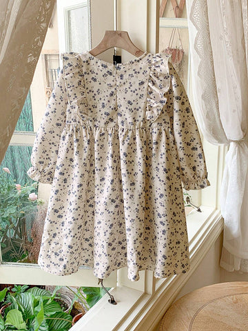 Blossori Young Girls' Elegant French Style Khaki Ditsy Floral Loose Ruffle Hem Dress, Autumn/Winter
