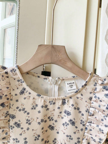 Blossori Young Girls' Elegant French Style Khaki Ditsy Floral Loose Ruffle Hem Dress, Autumn/Winter