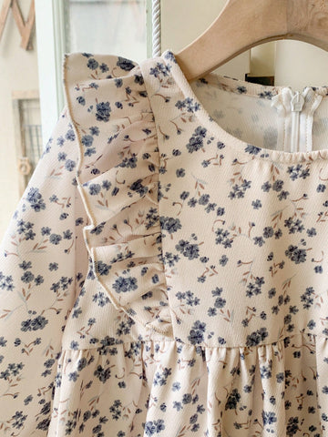 Blossori Young Girls' Elegant French Style Khaki Ditsy Floral Loose Ruffle Hem Dress, Autumn/Winter