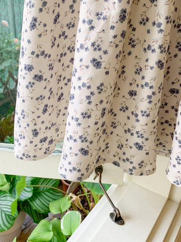 Blossori Young Girls' Elegant French Style Khaki Ditsy Floral Loose Ruffle Hem Dress, Autumn/Winter