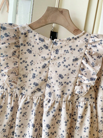 Blossori Young Girls' Elegant French Style Khaki Ditsy Floral Loose Ruffle Hem Dress, Autumn/Winter
