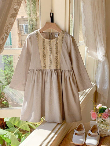 Blossori Young Girls Elegant French Style Loose Beige Woven Long Sleeve Dress, Autumn/Winter