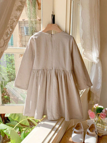 Blossori Young Girls Elegant French Style Loose Beige Woven Long Sleeve Dress, Autumn/Winter
