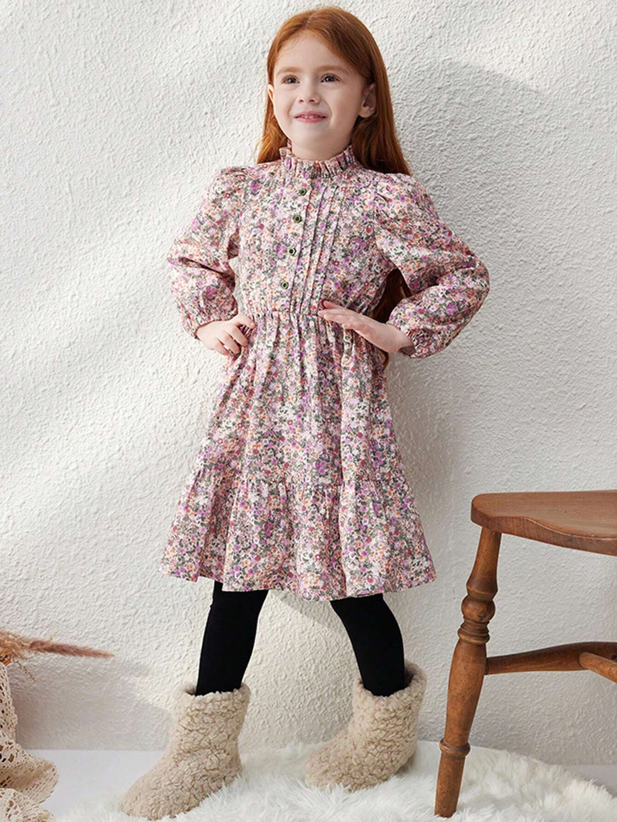 Blossori Young Girls Elegant French Style Loose Fit Red Floral Print Ruffle Collar Dress, Autumn/Winter