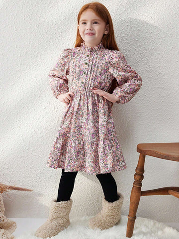 Blossori Young Girls Elegant French Style Loose Fit Red Floral Print Ruffle Collar Dress, Autumn/Winter