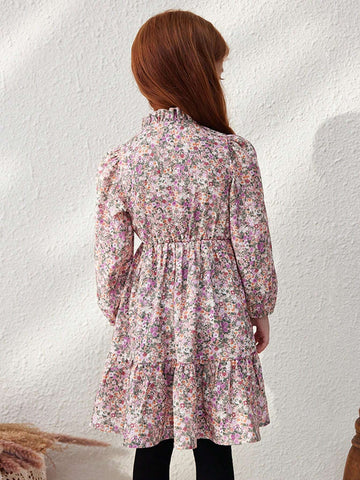 Blossori Young Girls Elegant French Style Loose Fit Red Floral Print Ruffle Collar Dress, Autumn/Winter