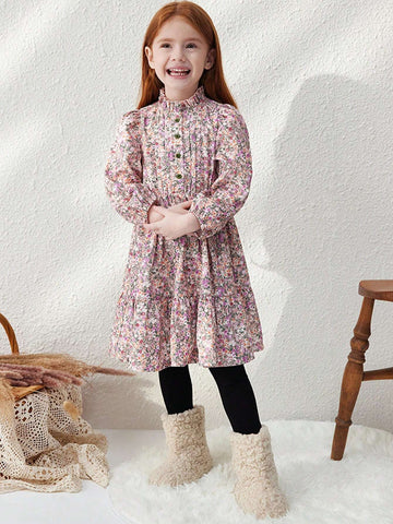 Blossori Young Girls Elegant French Style Loose Fit Red Floral Print Ruffle Collar Dress, Autumn/Winter