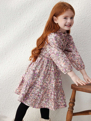 Blossori Young Girls Elegant French Style Loose Fit Red Floral Print Ruffle Collar Dress, Autumn/Winter