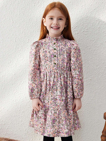 Blossori Young Girls Elegant French Style Loose Fit Red Floral Print Ruffle Collar Dress, Autumn/Winter