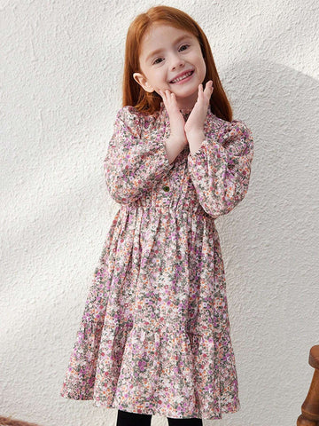 Blossori Young Girls Elegant French Style Loose Fit Red Floral Print Ruffle Collar Dress, Autumn/Winter
