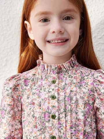 Blossori Young Girls Elegant French Style Loose Fit Red Floral Print Ruffle Collar Dress, Autumn/Winter