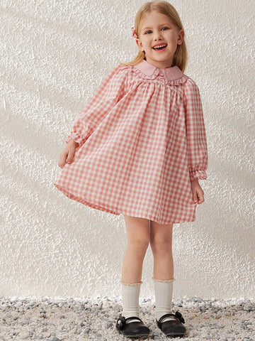 Blossori Young Girls Elegant French Style Pink Plaid Loose Wide Lapel Chiffon Dress, Spring/Summer
