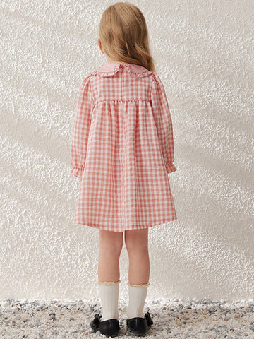 Blossori Young Girls Elegant French Style Pink Plaid Loose Wide Lapel Chiffon Dress, Spring/Summer