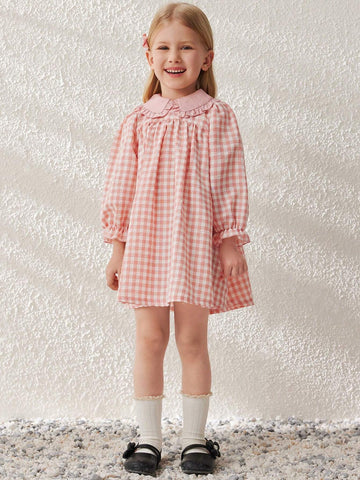 Blossori Young Girls Elegant French Style Pink Plaid Loose Wide Lapel Chiffon Dress, Spring/Summer