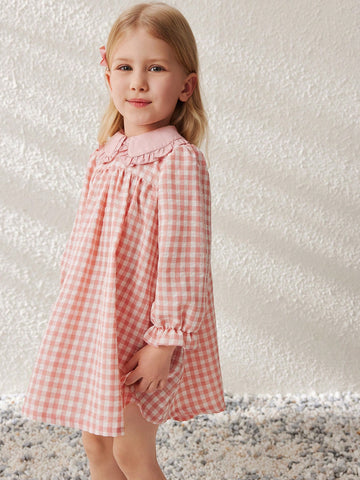 Blossori Young Girls Elegant French Style Pink Plaid Loose Wide Lapel Chiffon Dress, Spring/Summer