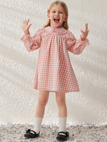 Blossori Young Girls Elegant French Style Pink Plaid Loose Wide Lapel Chiffon Dress, Spring/Summer
