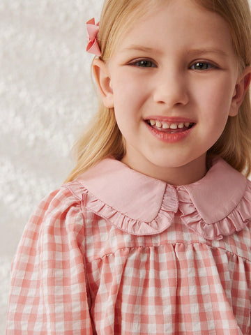 Blossori Young Girls Elegant French Style Pink Plaid Loose Wide Lapel Chiffon Dress, Spring/Summer