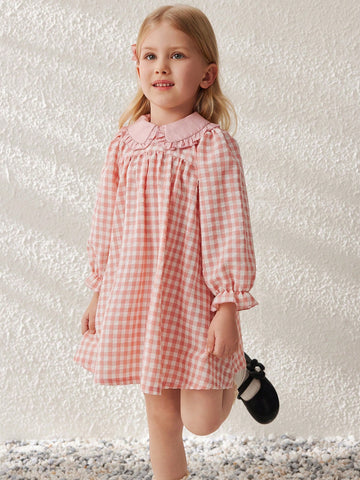 Blossori Young Girls Elegant French Style Pink Plaid Loose Wide Lapel Chiffon Dress, Spring/Summer