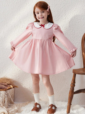 Blossori Young Girls Elegant French Style Pink Woven Cinched Waist A-Line Dress, Autumn/Winter