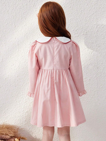 Blossori Young Girls Elegant French Style Pink Woven Cinched Waist A-Line Dress, Autumn/Winter