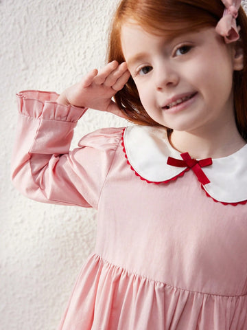 Blossori Young Girls Elegant French Style Pink Woven Cinched Waist A-Line Dress, Autumn/Winter