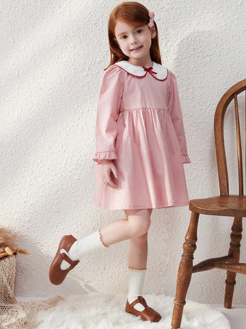 Blossori Young Girls Elegant French Style Pink Woven Cinched Waist A-Line Dress, Autumn/Winter