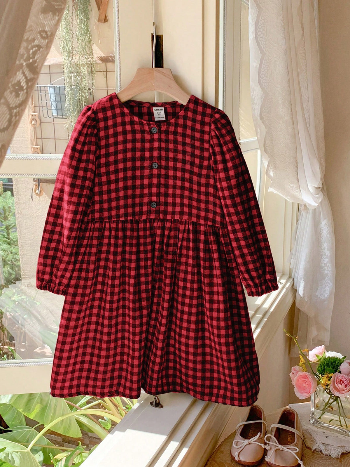 Blossori Young Girls Elegant French Style Plaid Patchwork Loose Long Sleeve Woven Dress, Autumn/Winter