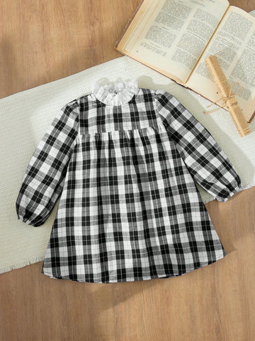 Young Girls Elegant French Style Plaid Patchwork Ruffle Trim Loose Long Sleeve Dress, Autumn/Winter
