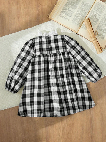 Young Girls Elegant French Style Plaid Patchwork Ruffle Trim Loose Long Sleeve Dress, Autumn/Winter