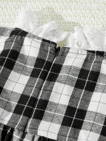 Young Girls Elegant French Style Plaid Patchwork Ruffle Trim Loose Long Sleeve Dress, Autumn/Winter