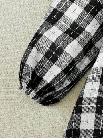 Young Girls Elegant French Style Plaid Patchwork Ruffle Trim Loose Long Sleeve Dress, Autumn/Winter