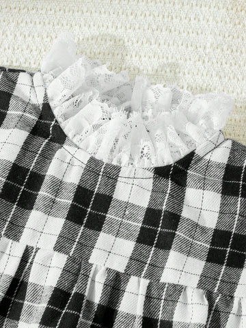 Young Girls Elegant French Style Plaid Patchwork Ruffle Trim Loose Long Sleeve Dress, Autumn/Winter