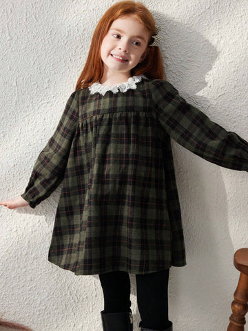 Blossori Young Girls Elegant French Style Plaid Stitching Floral Lace Trim Loose Long Sleeve Dress, Autumn/Winter