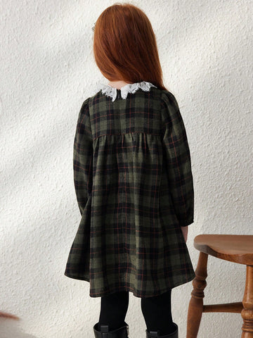 Blossori Young Girls Elegant French Style Plaid Stitching Floral Lace Trim Loose Long Sleeve Dress, Autumn/Winter