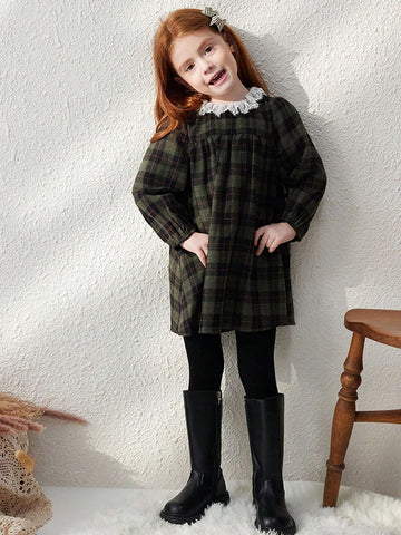 Blossori Young Girls Elegant French Style Plaid Stitching Floral Lace Trim Loose Long Sleeve Dress, Autumn/Winter