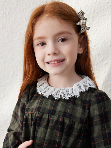 Blossori Young Girls Elegant French Style Plaid Stitching Floral Lace Trim Loose Long Sleeve Dress, Autumn/Winter