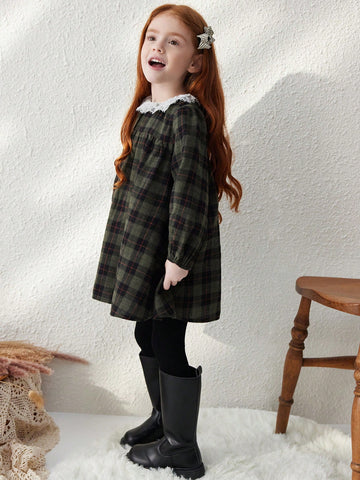 Blossori Young Girls Elegant French Style Plaid Stitching Floral Lace Trim Loose Long Sleeve Dress, Autumn/Winter